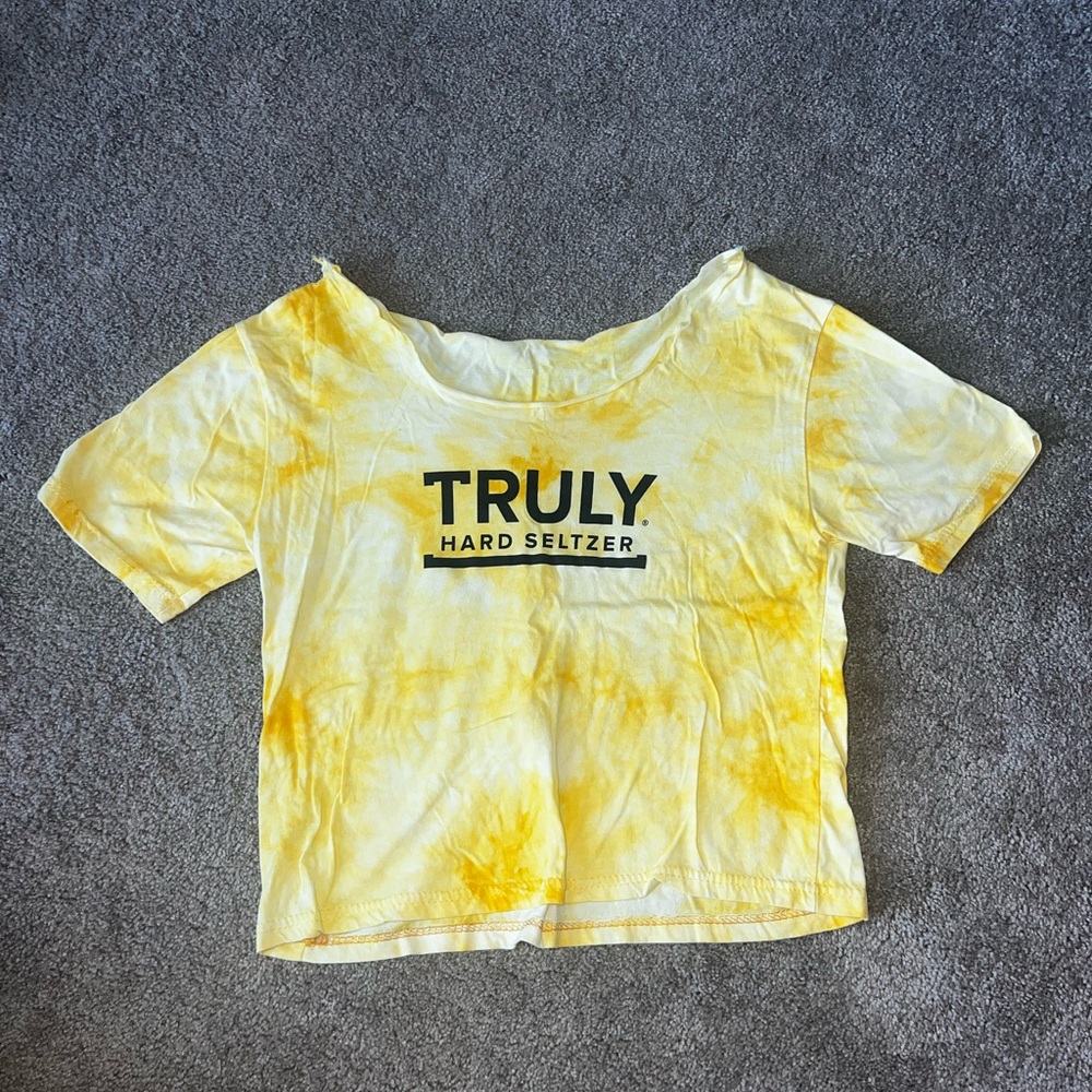 Truly hard seltzer croped yellow tie dye tshirt